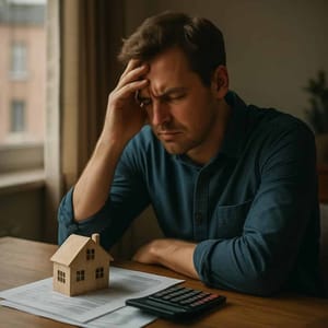 Man zittend aan een tafel voor een houten huismodel met documenten en rekenmachine vanaf de zijkant