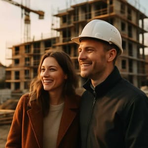 Paar inspecteert de ruwbouw van een flatgebouw tegen het licht met een bouwkraan op de achtergrond