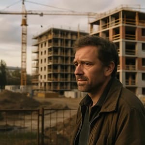 Construction site with shell of a multi-storey residential building and tower crane from the side