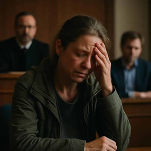 Person in courtroom holding hand to head in front of wooden benches with two people in the background