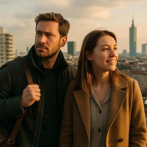 Young couple on roof terrace with view of city panorama in warm evening light