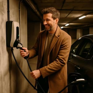 Elektrische auto wordt opgeladen bij wandlaadstation in ondergrondse parkeergarage