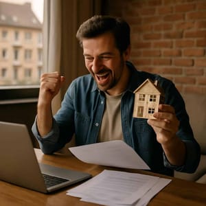 Juichende persoon die modelhuis aan bureau met laptop en documenten voor venster houdt
