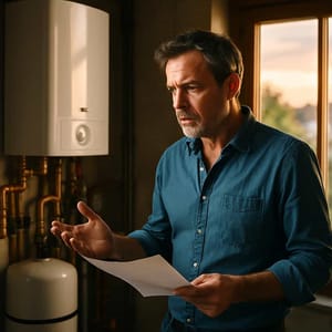 Man in de stookruimte naast een moderne gasketel houdt een briefje in zijn hand