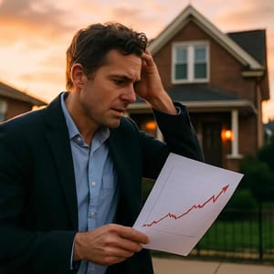 Bedrijfsgrafiek met pijl in stijgende lijn op papier voor vrijstaand huis met bakstenen gevel en venstergevel