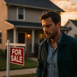 Vooraanzicht van een vrijstaand huis met veranda en te koop bord in de voortuin