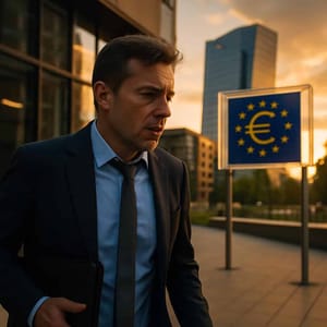 Logo der Europäischen Zentralbank auf blauem Schild vor modernem Hochhaus bei Sonnenuntergang