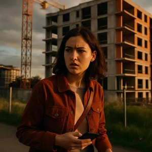 Mehrfamilienhausrohbau mit Betonstruktur und Baukran aus Frontperspektive