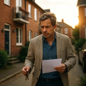Reihenhaus mit roter Klinkerfassade schräg frontal aufgenommen mit kleinem Balkon und Vorgarten