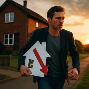 Man met kartonnen bord in de vorm van een huis met een rode pijl naar beneden voor een bakstenen vrijstaand huis in het avondlicht