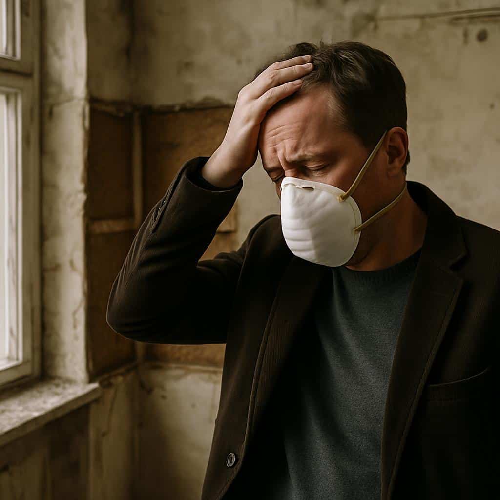 Мужчина в дыхательной маске в полуразрушенной комнате у окна