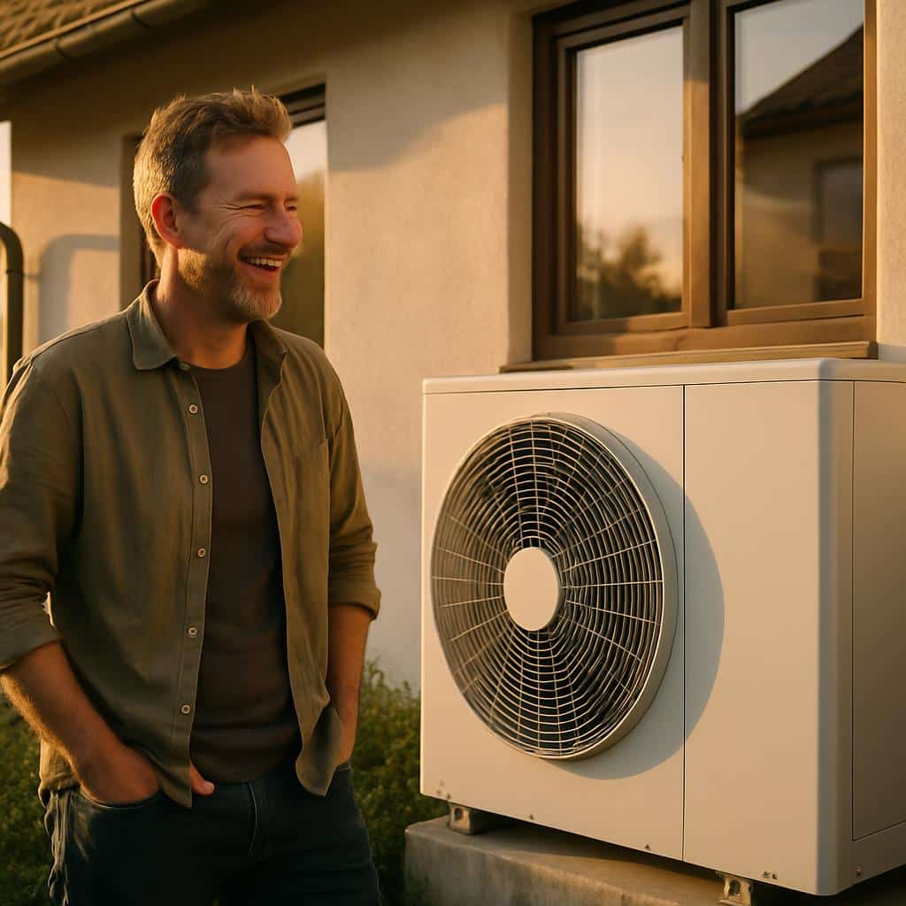 Outdoor unit of a heat pump on a modern house facade with window in sunlight