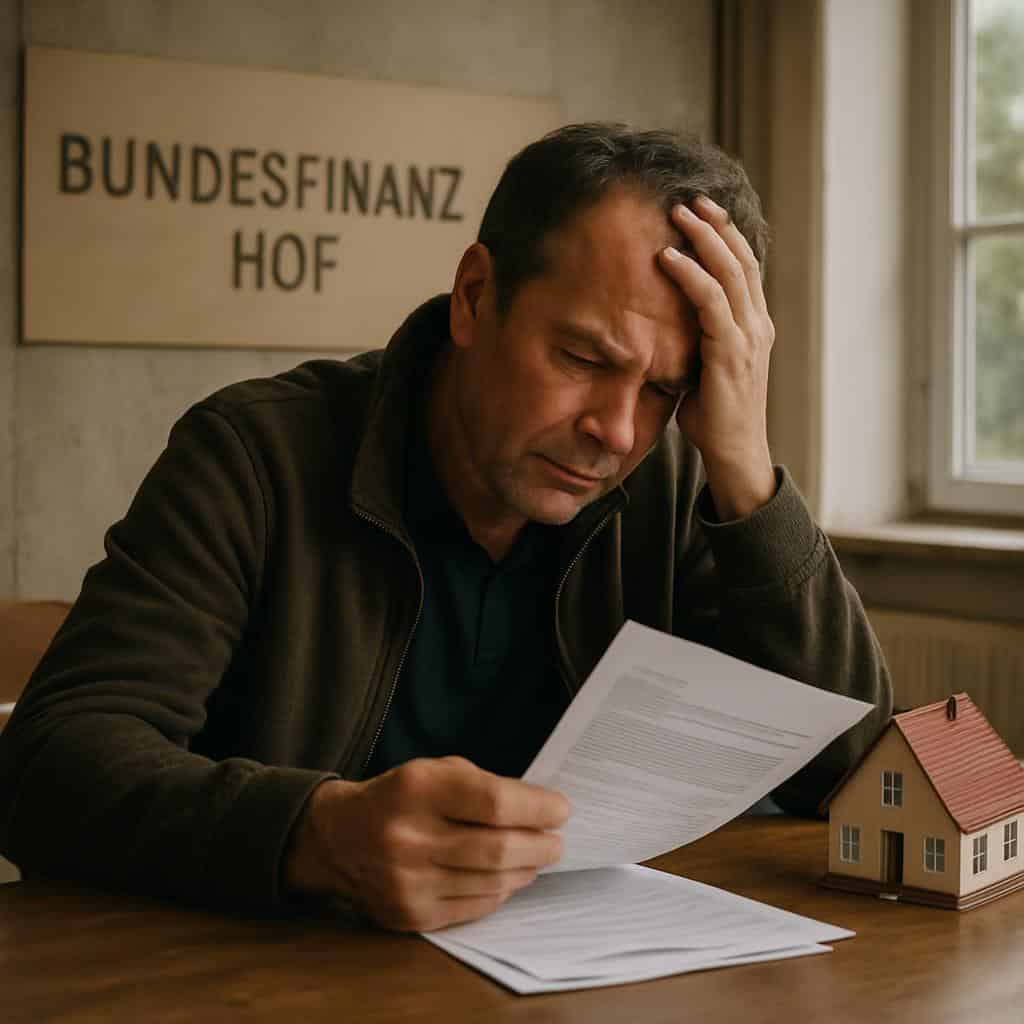 Seated person reading documents in front of sign Federal Fiscal Court next to scale model of house on table