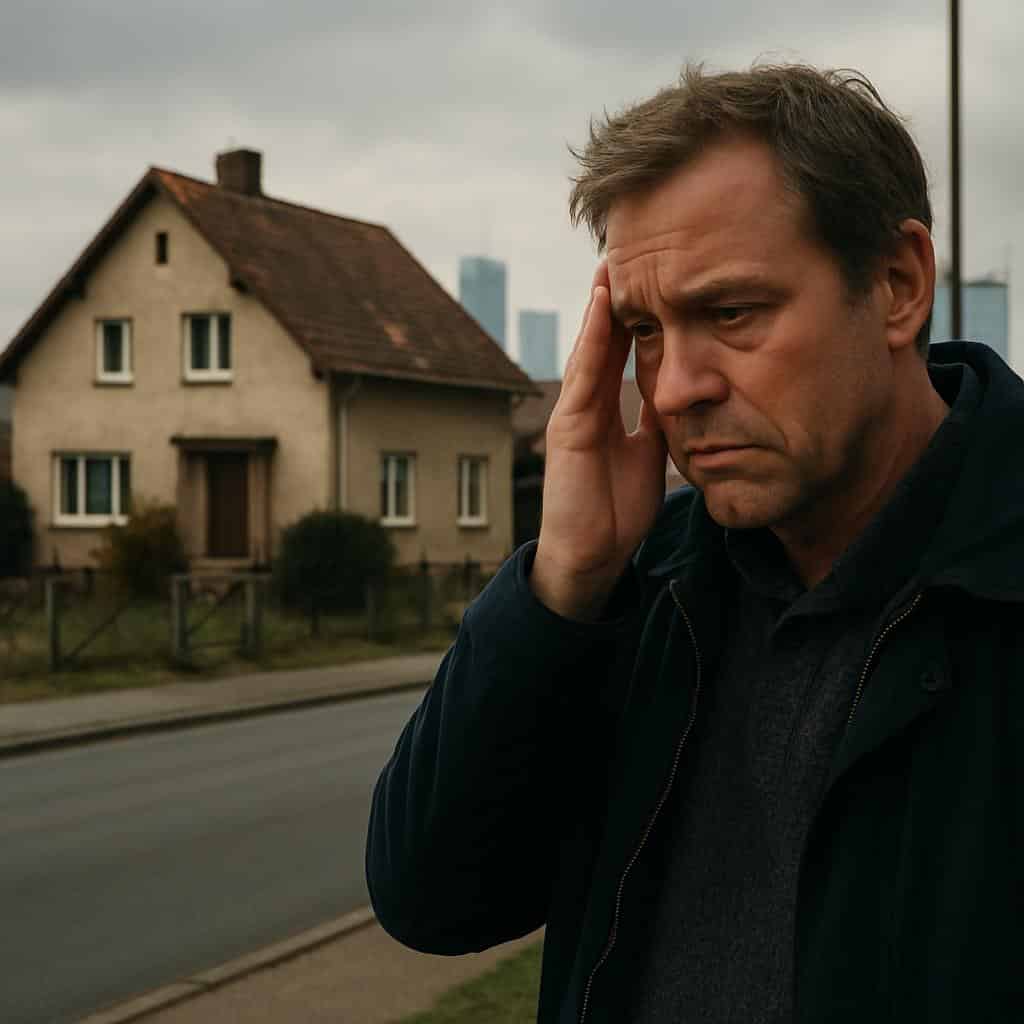 Zweigeschossiges Einfamilienhaus mit Satteldach und Vorgarten aus Frontperspektive