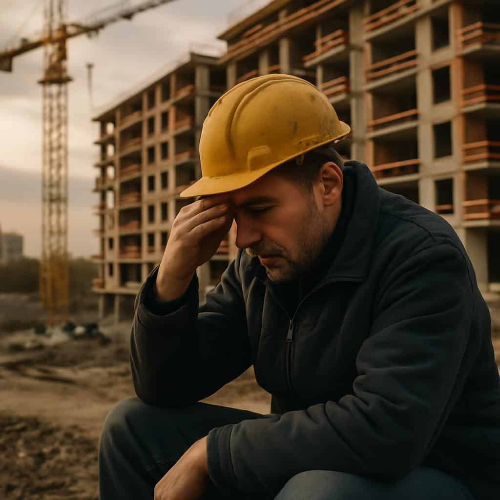 Construction crane and unfinished house in the background, in the foreground construction worker with hard hat in pensive pose to the side