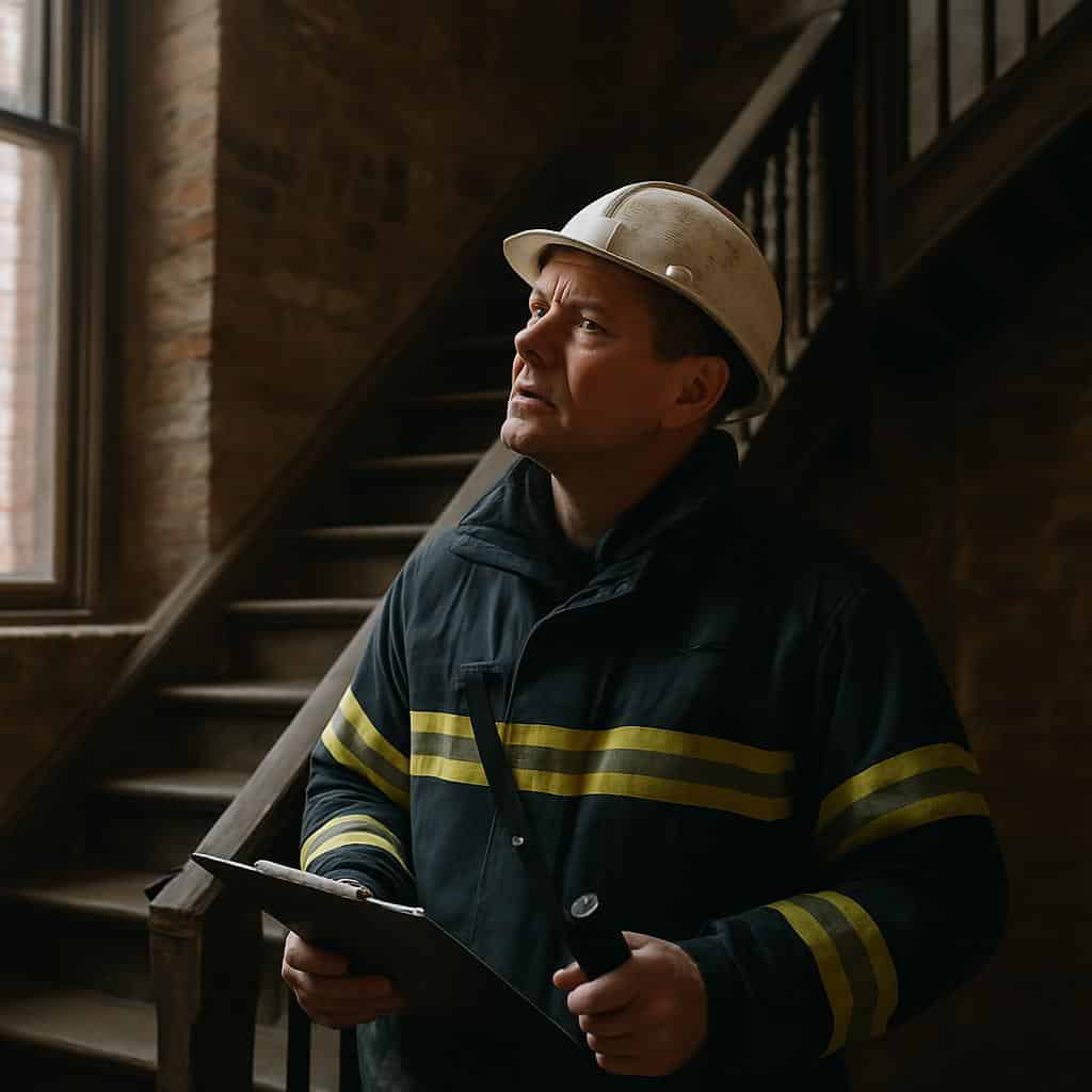 Firefighter with helmet and torch inspects stairwell in old brick building from an oblique side perspective
