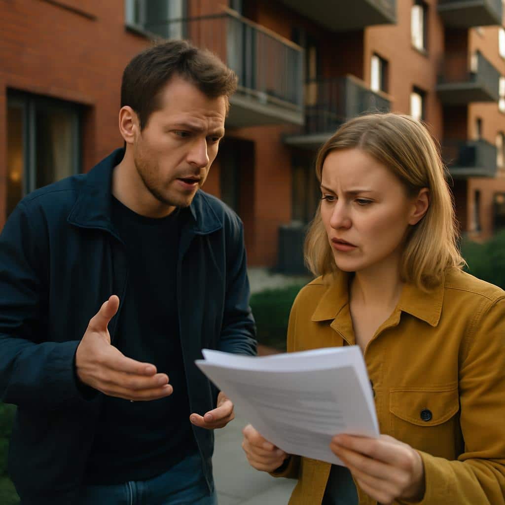 deux personnes arrêtent des documents devant un immeuble d'habitation en briques à plusieurs étages avec des balcons