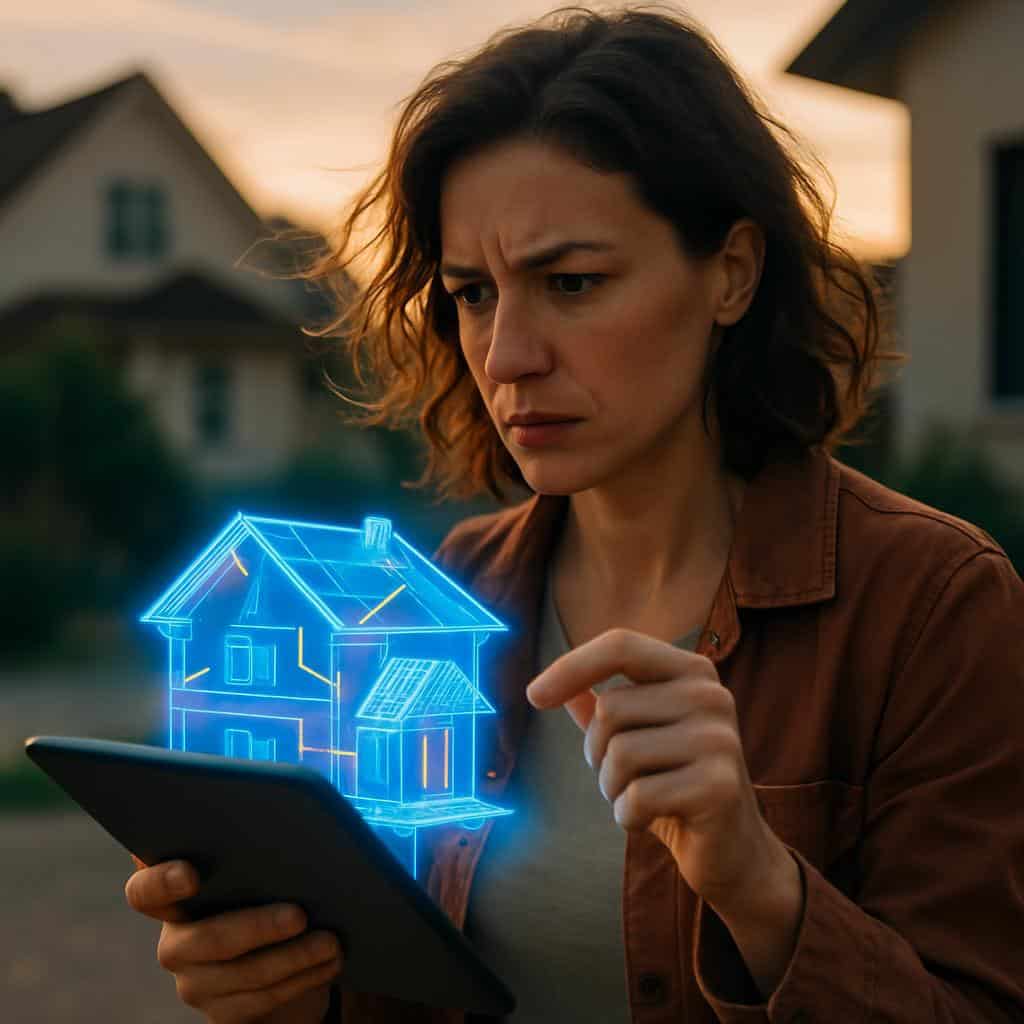 Digitale 3D-Projektion eines zweigeschossigen Einfamilienhauses über Tablet aus schräger Frontansicht