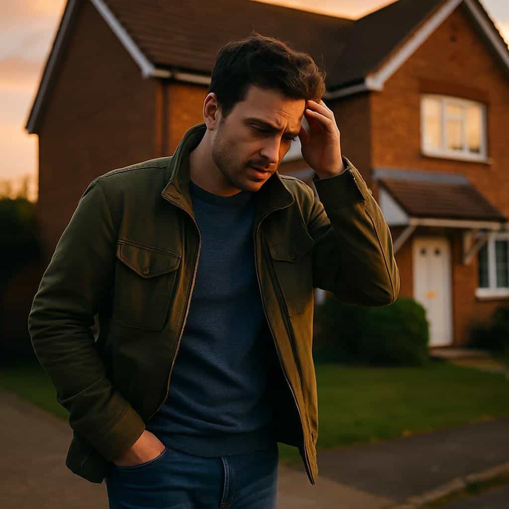 Mann nachdenklich vor Einfamilienhaus mit roter Klinkerfassade und Giebeldach