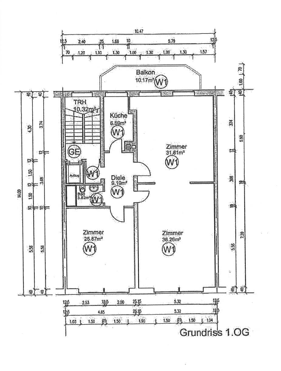 Grundriss 1. OG Etagenwohnung mit Balkon - Schöne, vermietete 3-Zimmer-Wohnung in ruhiger Toplage mit Blick in Gartenoase.
