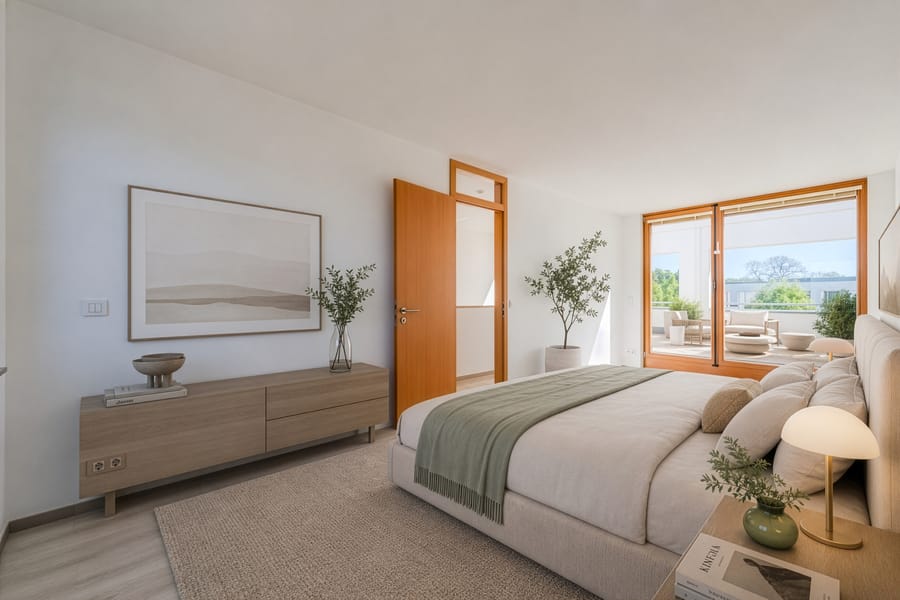 Visualisierung Schlafbereich mit fließendem Übergang zur Dachterrasse