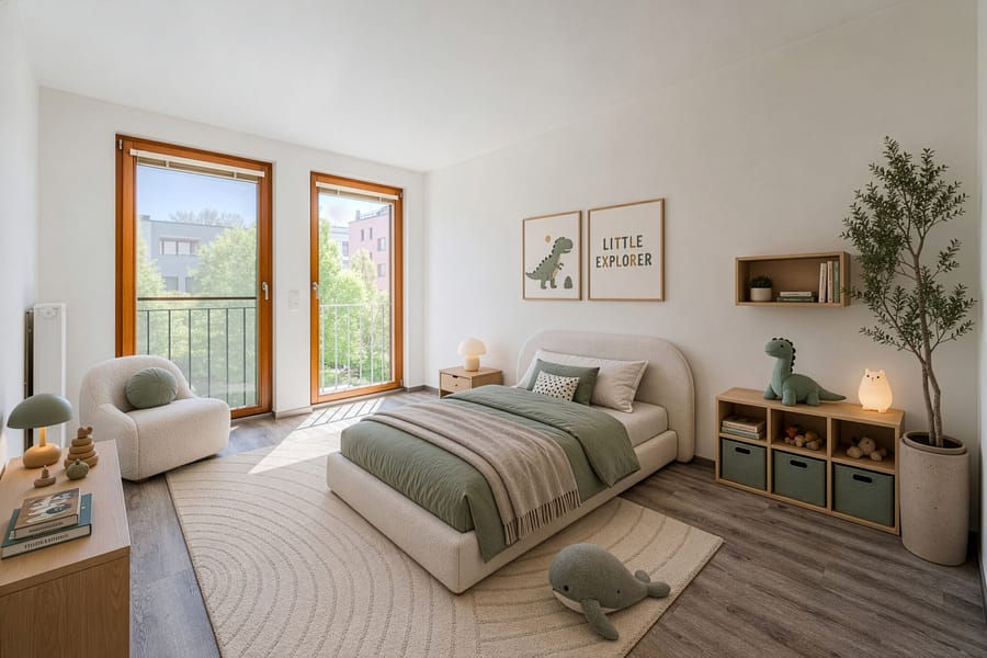 Visualisierung Schlafzimmer mit ruhiger Ausrichtung ins Grüne