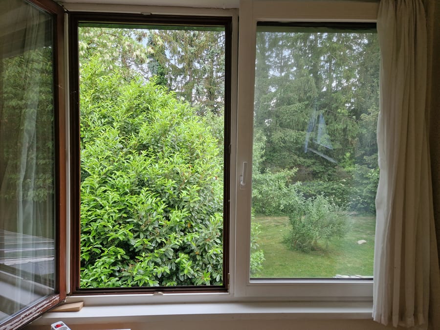Zimmerfenster mit grünem Gartenblick - Doppelhaushälfte in Bremen St. Magnus: Ruhe, Komfort und Nähe zur Natur