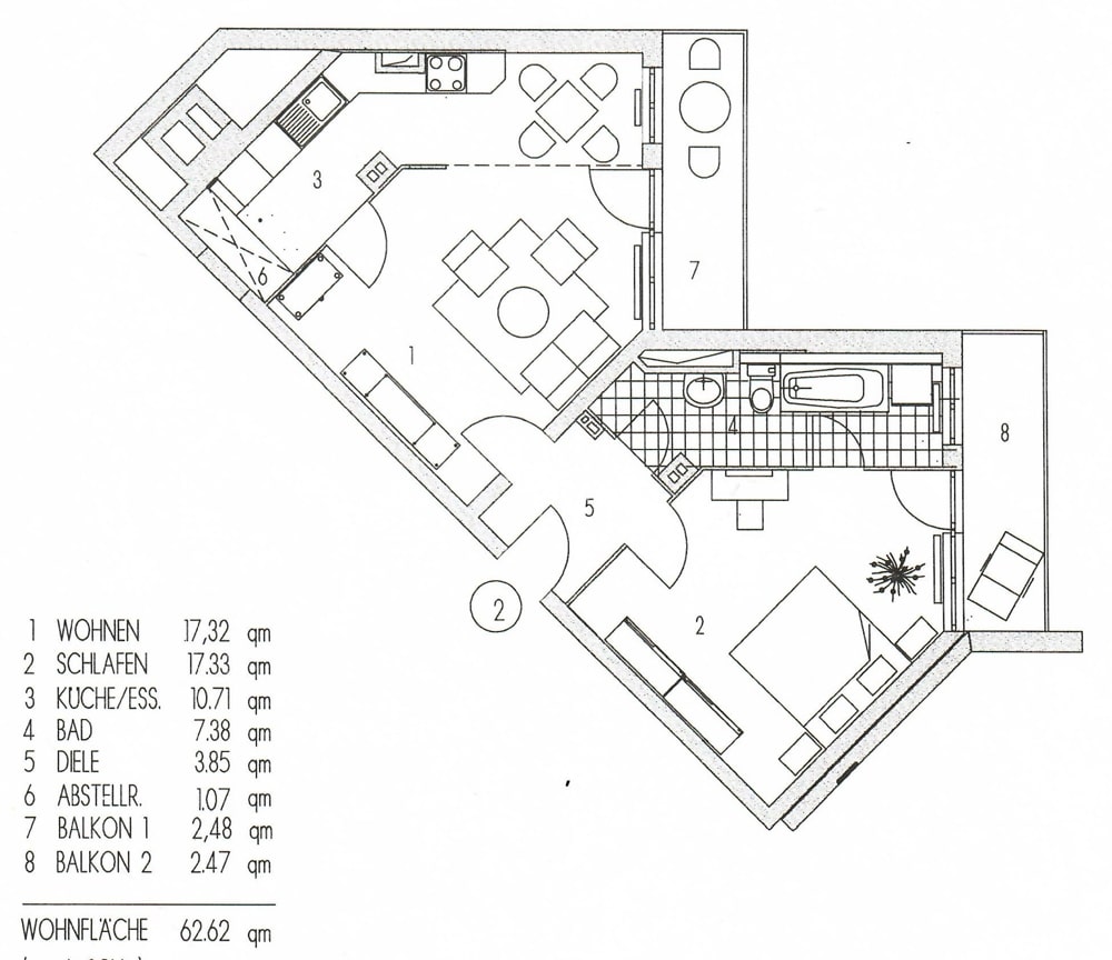 Grundriss 2-Zimmer-Wohnung mit zwei Balkonen - Etagenwohnung in Berlin / Charlottenburg