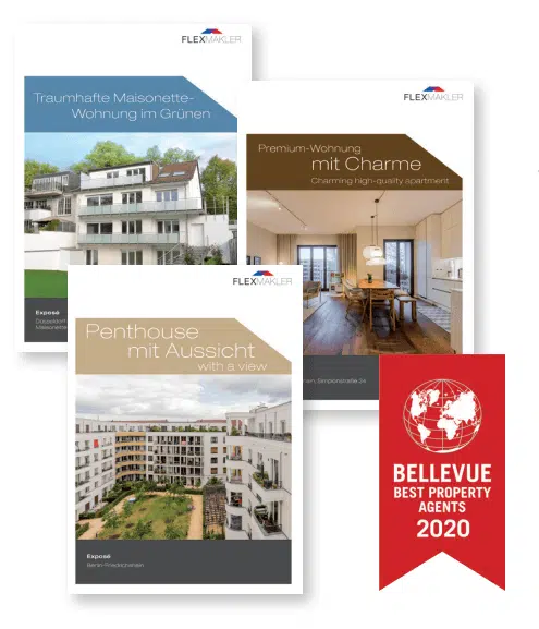 Drei Exposé-Cover von Flexmakler mit Maisonette-Außenansicht und Balkon, offener Wohnküche und Penthouse-Blick in Innenhof