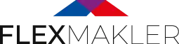 Flexmakler-Logo mit stilisiertem Hausdach aus blauer und roter Pyramide über dem schwarzen Schriftzug FLEXMAKLER