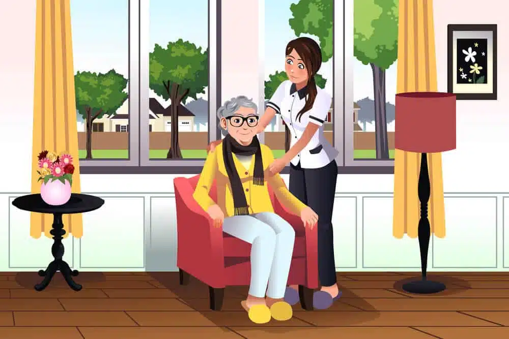 Innenansicht eines Wohnzimmers mit Sessel vor bodentiefem Fenster und Blick auf Garten und Nachbarhäuser