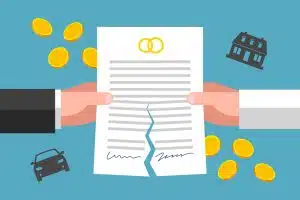 Zerissenes Vertragsdokument in Nahaufnahme mit stilisierter Einfamilienhaus-Silhouette und Münzen im Hintergrund