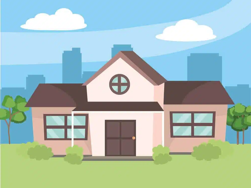 Frontansicht eines freistehenden Einfamilienhauses mit Satteldach rosa Fassade rundem Dachfenster und Vorgarten