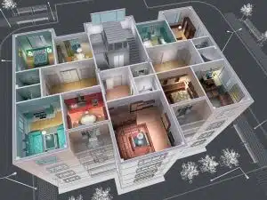 3D Grundriss einer Etage eines Mehrfamilienhauses in Vogelperspektive mit Küche Wohnraum Treppenhaus