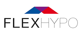 FLEXHYPO Logo mit stilisiertem Dach in Blau und Rot über dem Schriftzug FLEXHYPO