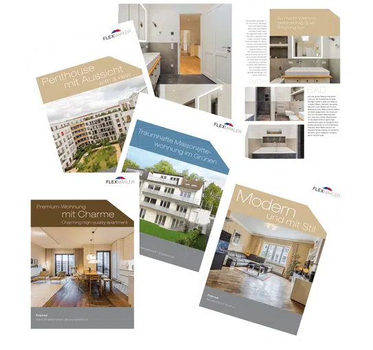 Fächer aus fünf Wohnungsbroschüren mit Flexmakler-Logo in unterschiedlichen Titeldesigns auf weißem Hintergrund