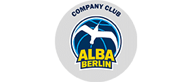 Logo des Alba Berlin Company Club mit stilisiertem Basketball und Vereinsname in Blau und Gelb