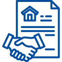 Icon eines Vertragsdokuments mit Hausgrafik und Handschlag Symbol für Immobilienmaklerdienstleistung