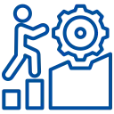Icon eines stilisierten Menschen auf Treppenstufen neben Zahnrad als Symbol für Prozessoptimierung