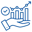 Flexmakler-Logo stilisierte Hand hält aufsteigende Balkendiagramme mit Aufwärtspfeil und Häkchen-Symbol