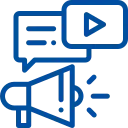 Blaues Icon mit Megafon, Sprechblase und Play-Symbol