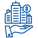 Flexmakler Logo stilisierte Hochhaus-Skyline auf geöffneter Hand