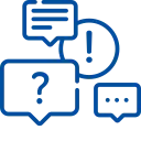 Support-Icon mit vier blauen Sprechblasen und Fragezeichen symbolisch für Kundenanfragen