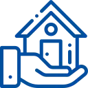 Flexmakler Logo mit blauer Konturgrafik einer Hand, die ein Giebeldachhaus mit Tür und kreisrundem Fenster trägt