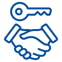 Blaues Icon mit Handschlag und Schlüssel symbolisiert Immobilienübergabe