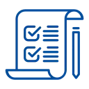 Blaues Icon eines Checklisten-Dokuments mit Häkchen und Stift