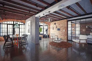 loftartiges Apartment mit offenem Wohn- und Essbereich, sichtbare Ziegelwände, Holzbalkendecke, raumhohe Metallfenster