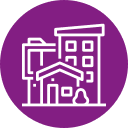 Stilisierte Ansicht eines Einfamilienhauses mit Satteldach vor flachgedecktem Mehrfamilienhaus aus frontaler Perspektive