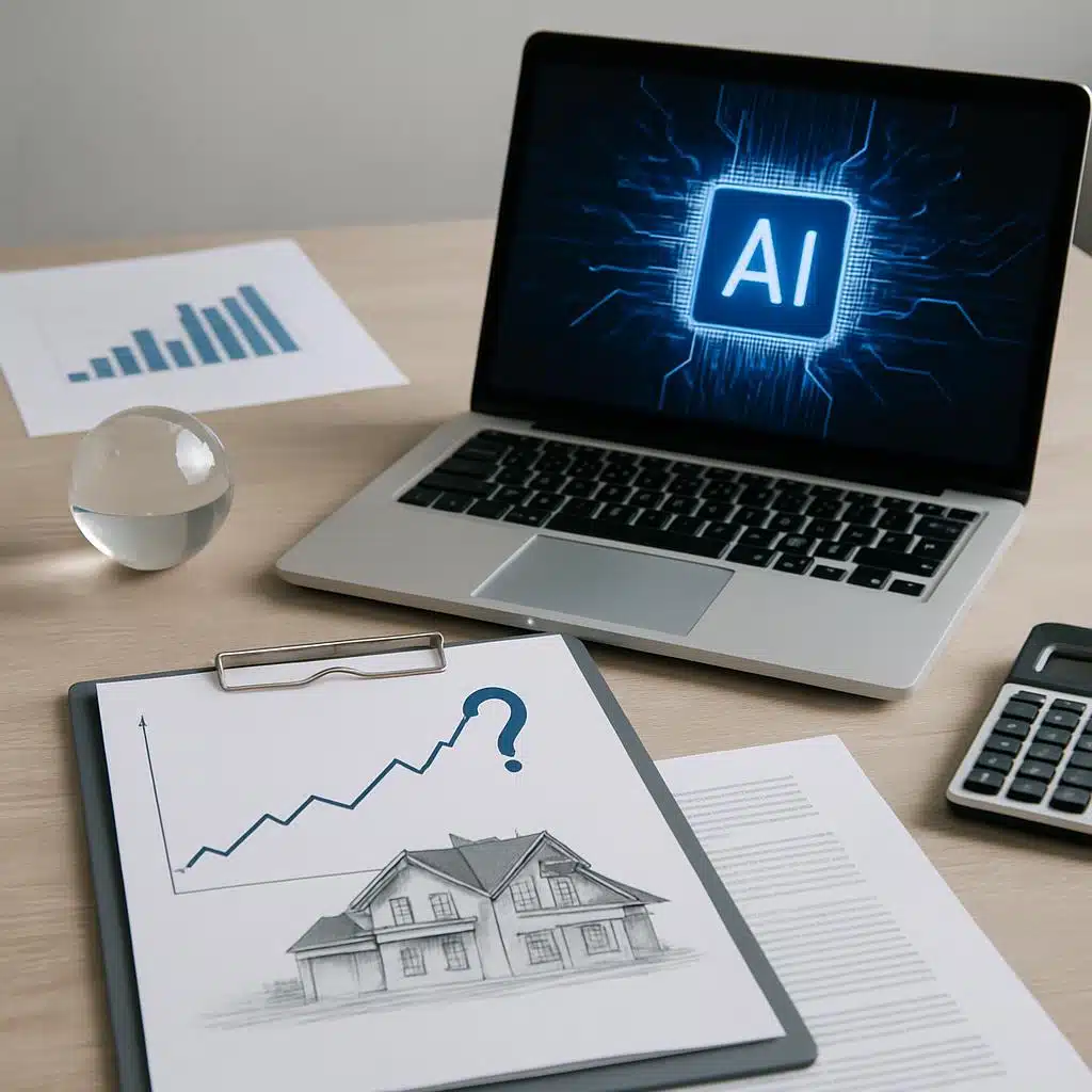 Laptop mit AI-Logo auf Bildschirm und Klemmbrett mit Haus-Skizze und Kursdiagramm auf Holztisch