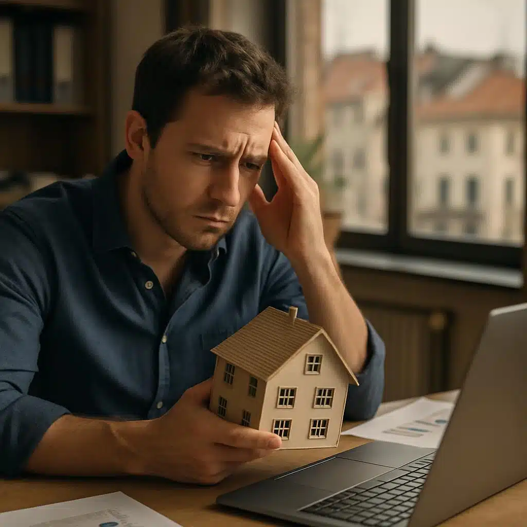 Mann vor Laptop hält Modellhaus und wirkt besorgt
